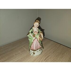 Vintage Occupied Japan Porcelain Colonial Lady Figurine Green Pink Gold Gilt